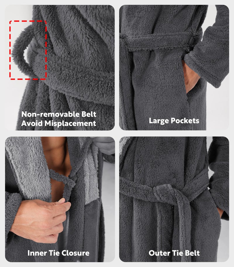 DAVID ARCHY Men's Soft Plush Fleece Robe Full Length Hooded Long Bathrobe for Men with Hood (L, Dark Gray- Shu Velveteen) - Image 4